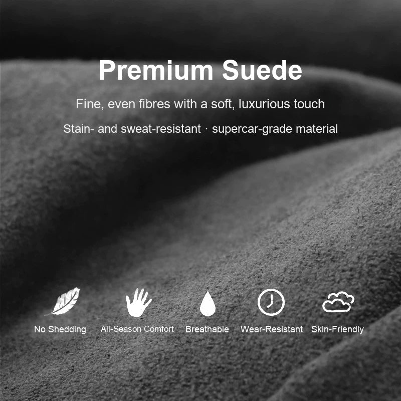 Premium suede material close-up with feature icons