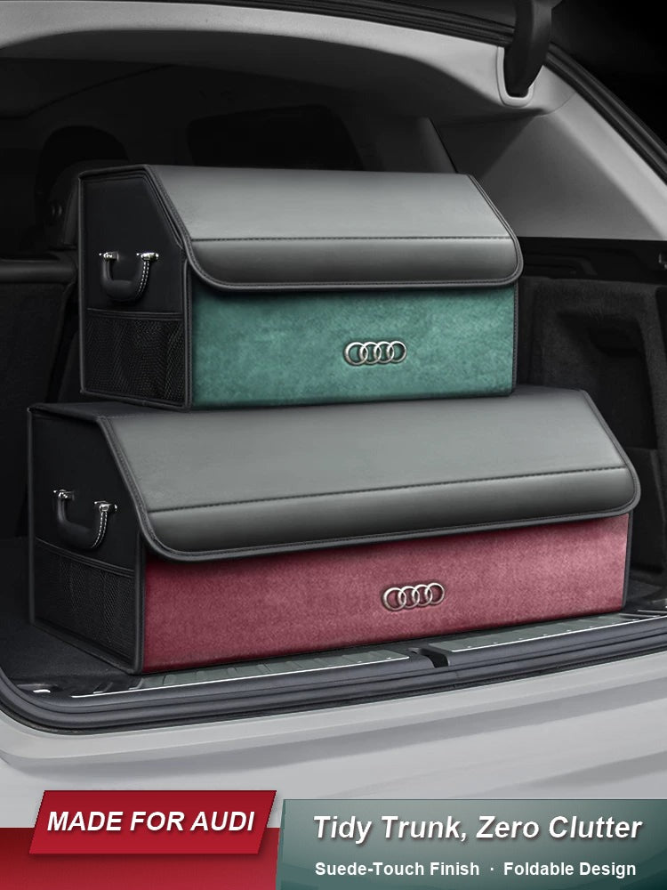 Audi trunk organizer boxes in emerald green and burgundy suede-touch finish