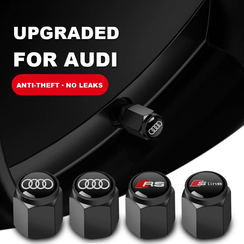 Audi tyre valve caps with Four Rings, RS and S line emblems – anti-theft, no leaks