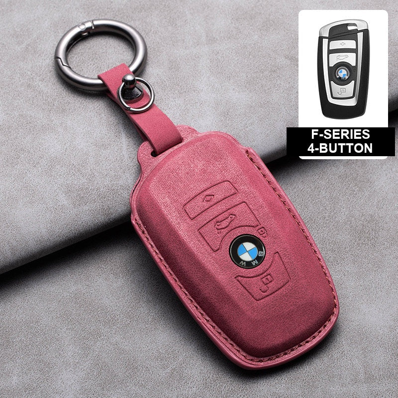 BMW red leather key case, F-Series 4-button key, ring buckle