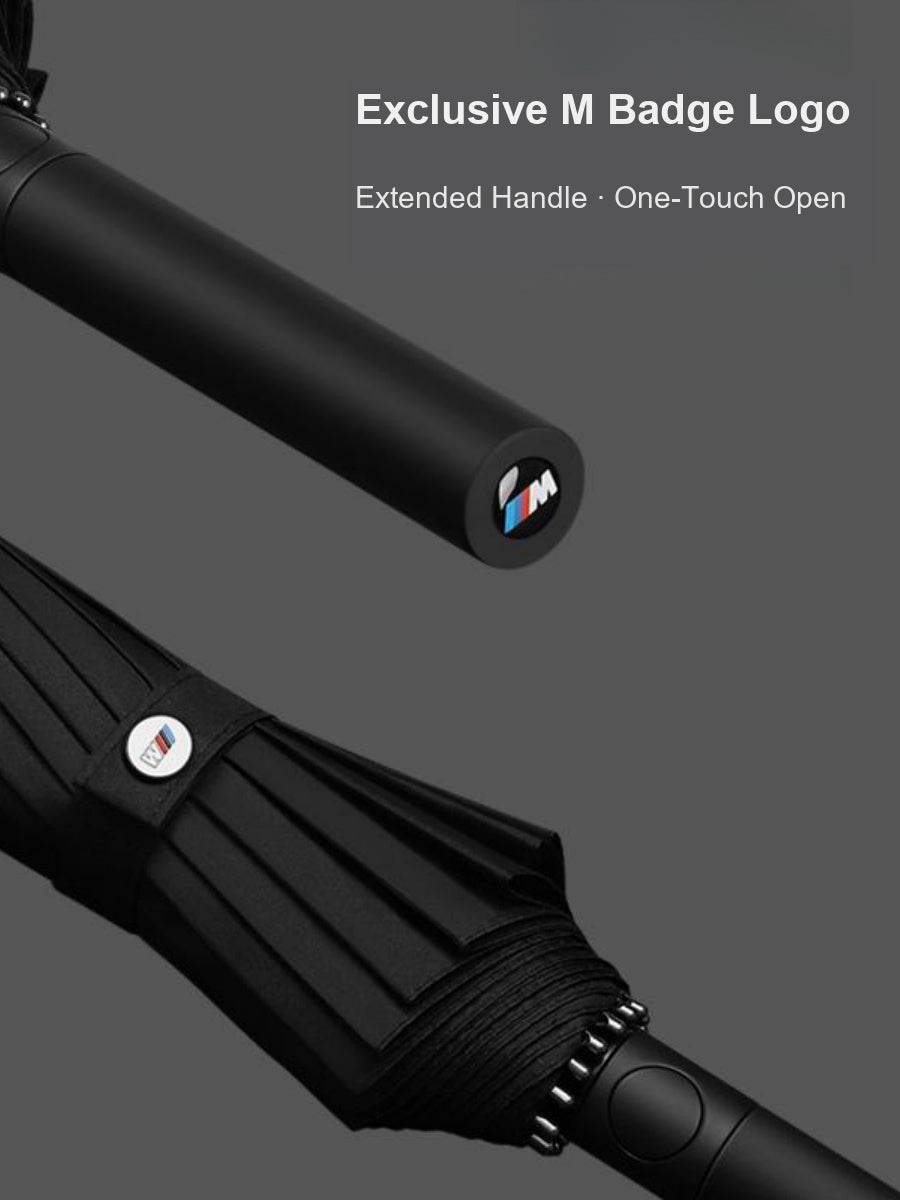 BMW umbrella M badge logo detail, extended handle one-touch open