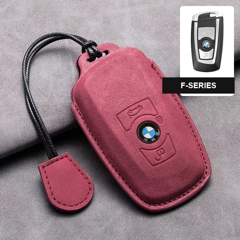 BMW leather key fob cover in maroon red, F-Series shape with wrist strap