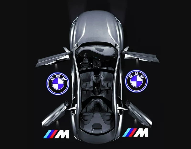 BMW door projector light installation diagram, four-door top view with M and BMW logo projections