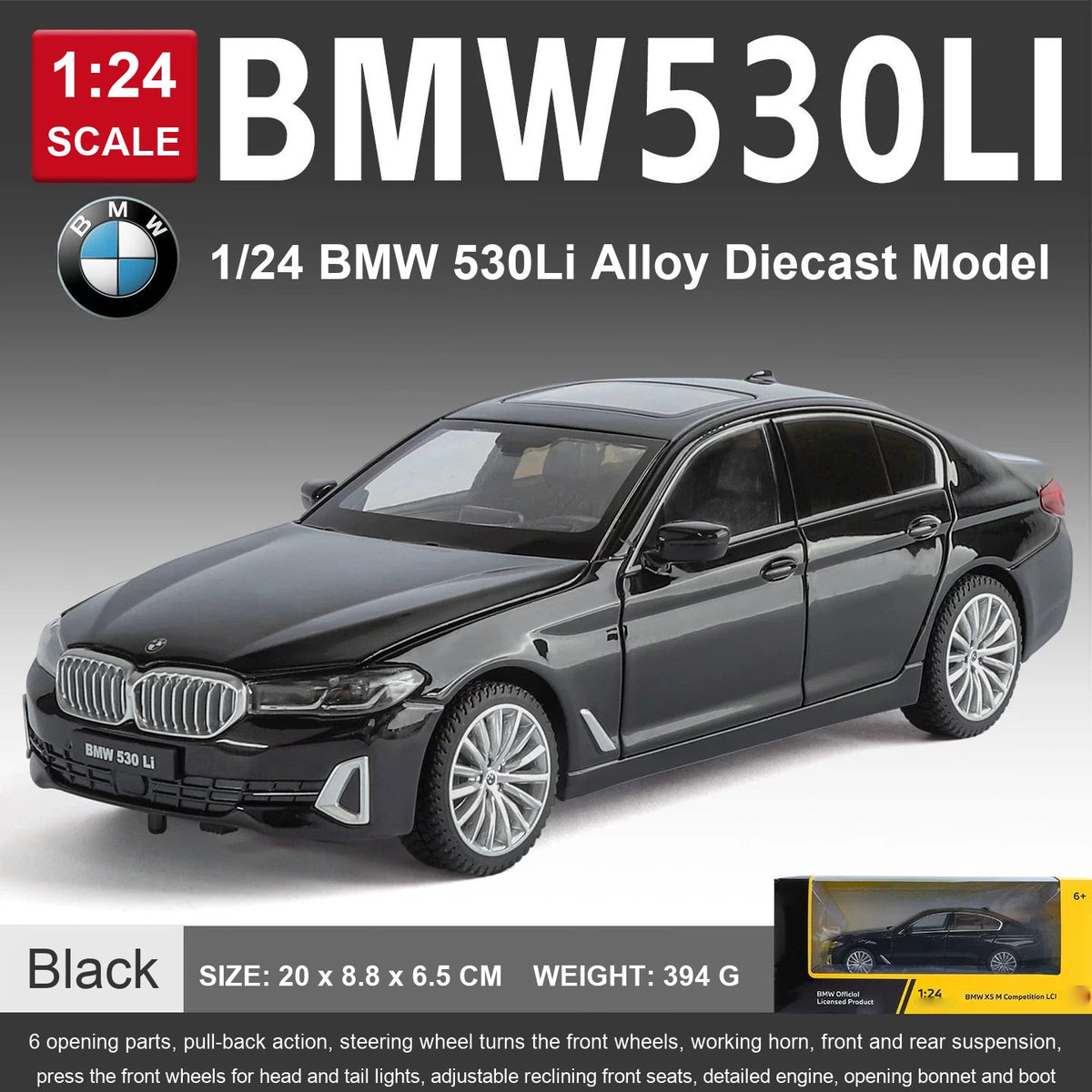 1:24 BMW 5 Series 530Li – Black diecast model