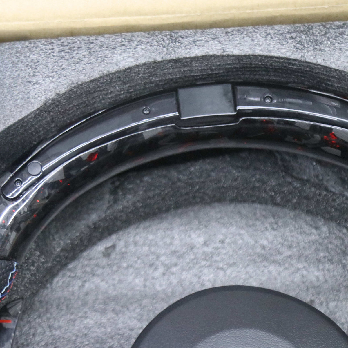 BMW F Series red forged carbon steering wheel, LED display close-up