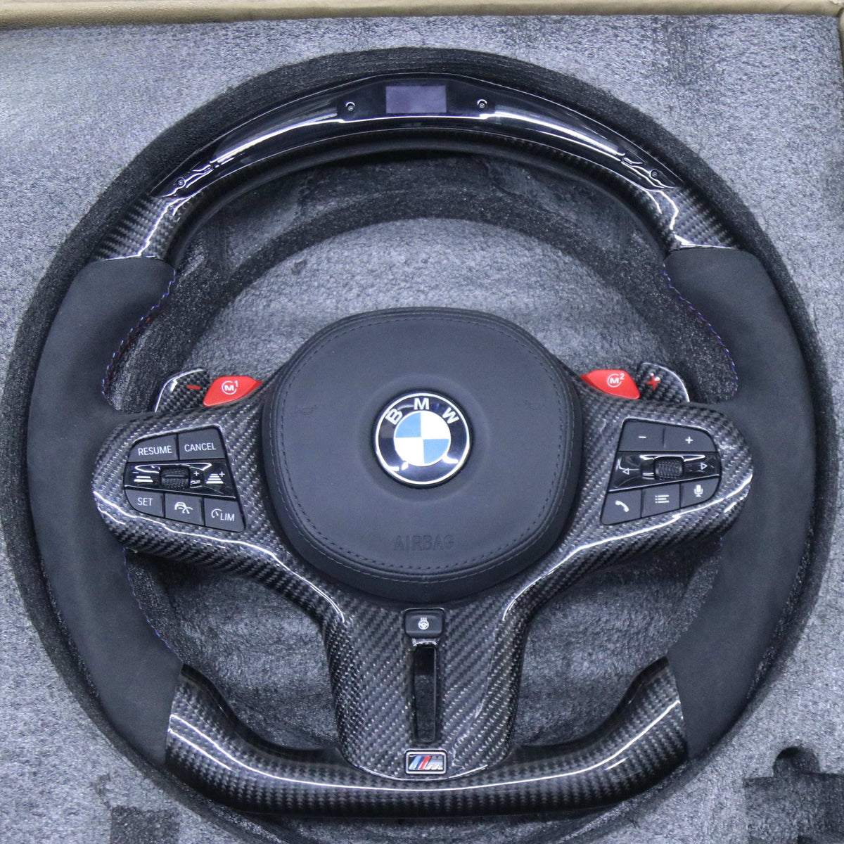 Custom carbon fiber LED steering wheel for BMW G Series and F90, front view