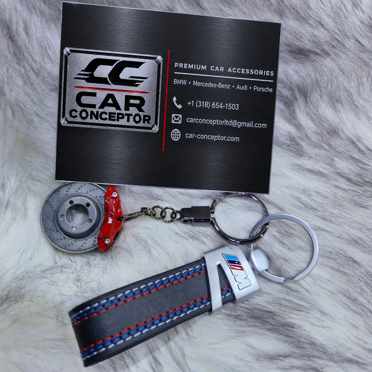 BMW M red brake disc keychain with leather strap