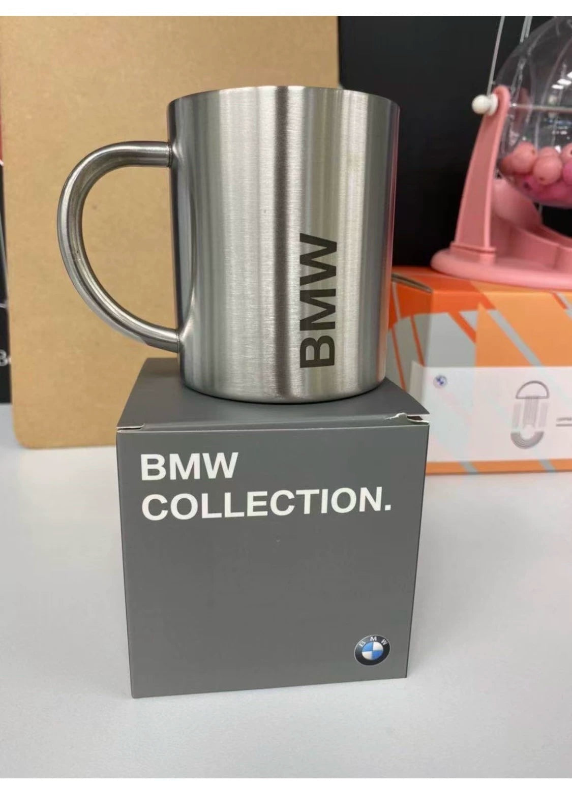 BMW Collection brushed stainless steel mug on its gift box