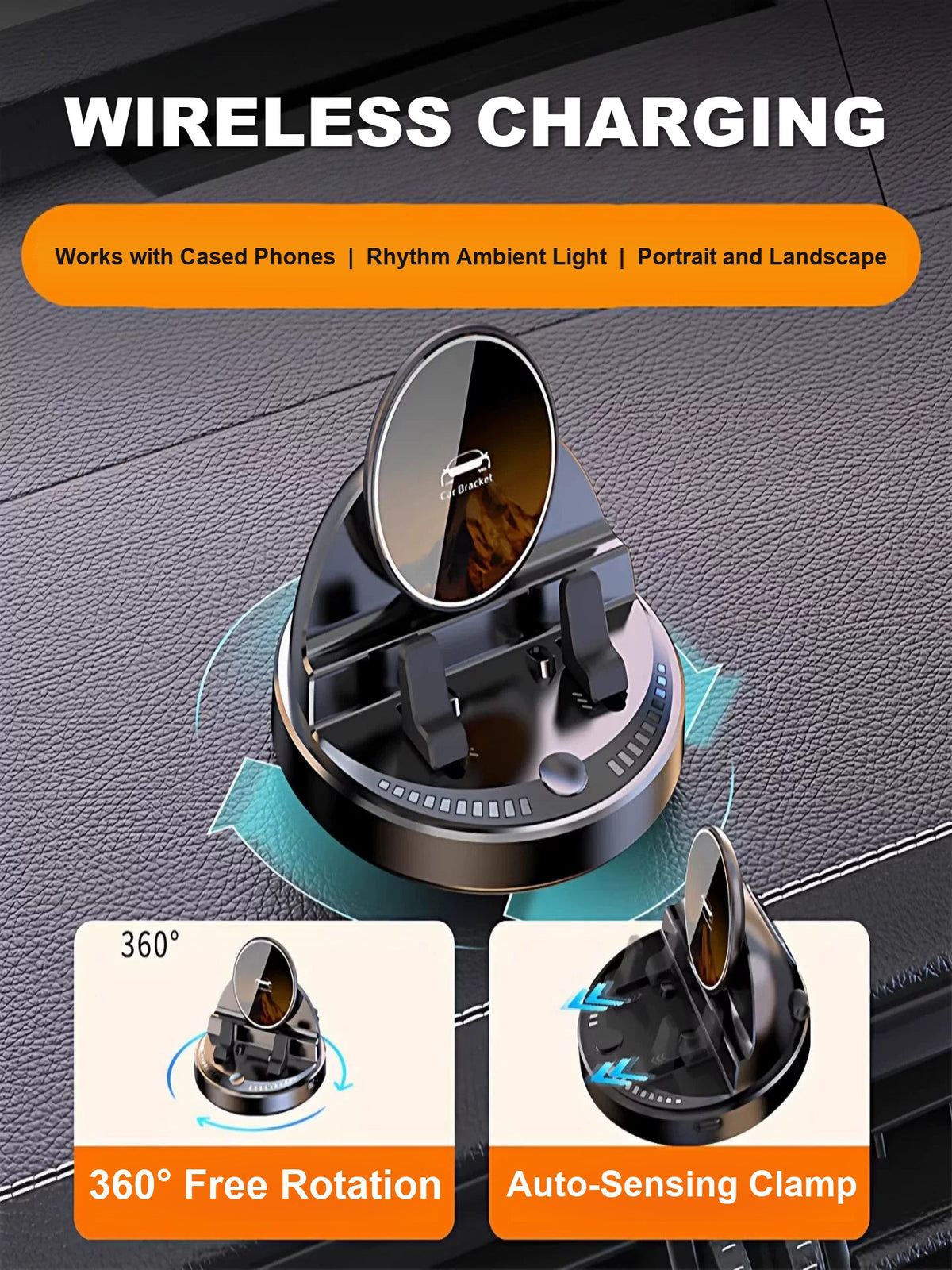 Wireless charging car phone stand with rhythm ambient light and auto-sensing clamp