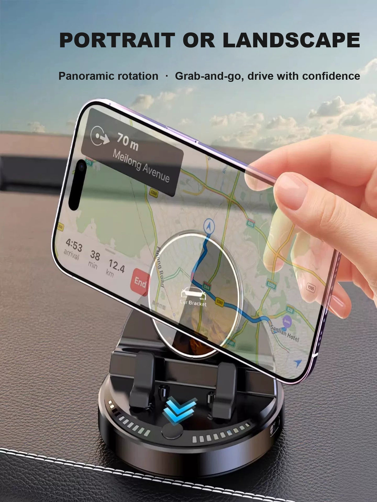 Portrait or landscape panoramic rotation phone stand on car dashboard