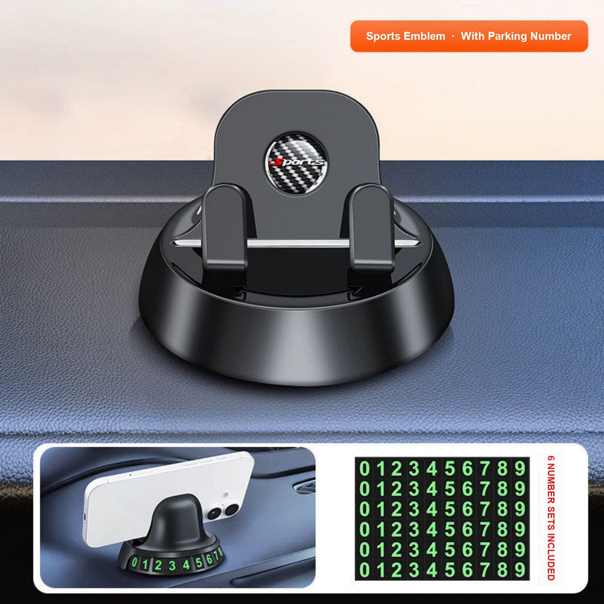 Minimalist dashboard phone stand – Sports emblem with parking number