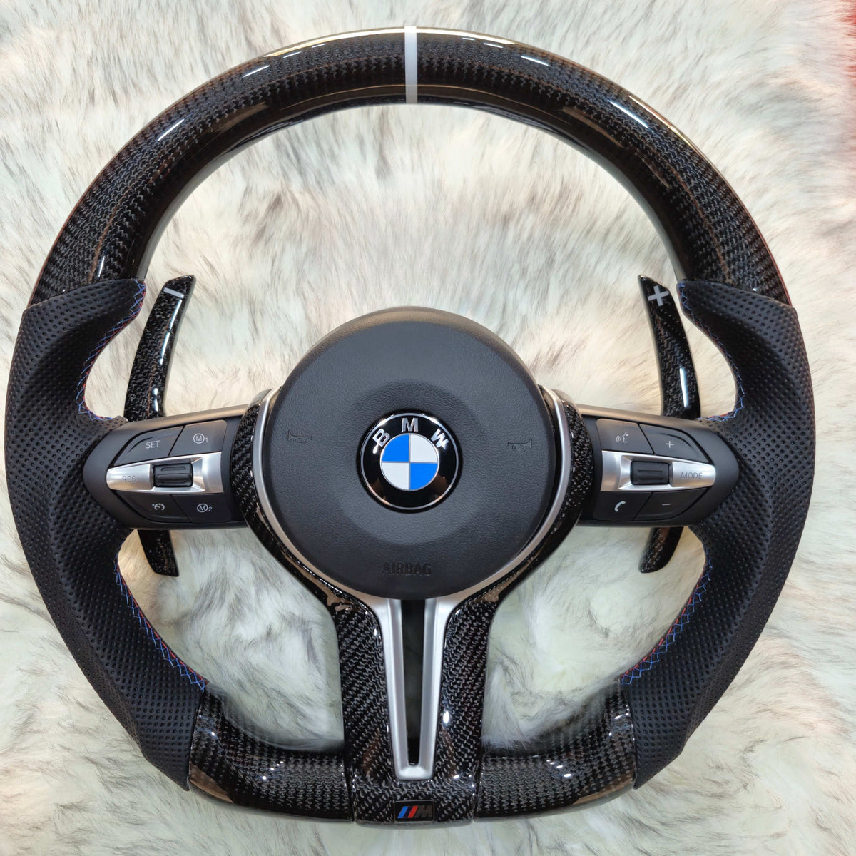 Carbon fiber steering wheel with silver trim for BMW F Series - front view