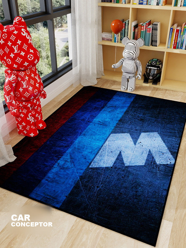 BMW M stripe racing carpet in a room next to a window
