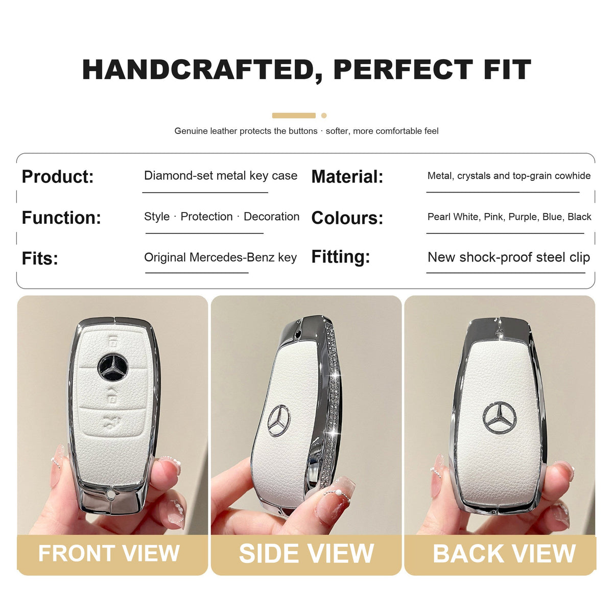 Product specification: diamond-set metal and top-grain cowhide key case