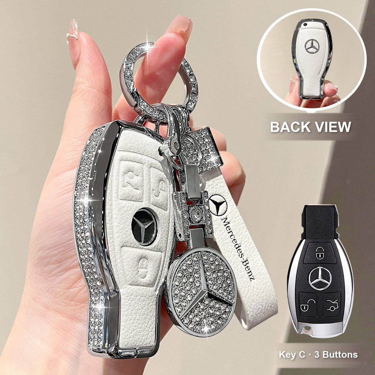 Key C 3 Buttons Pearl White with crystal ring bracelet and emblem charm