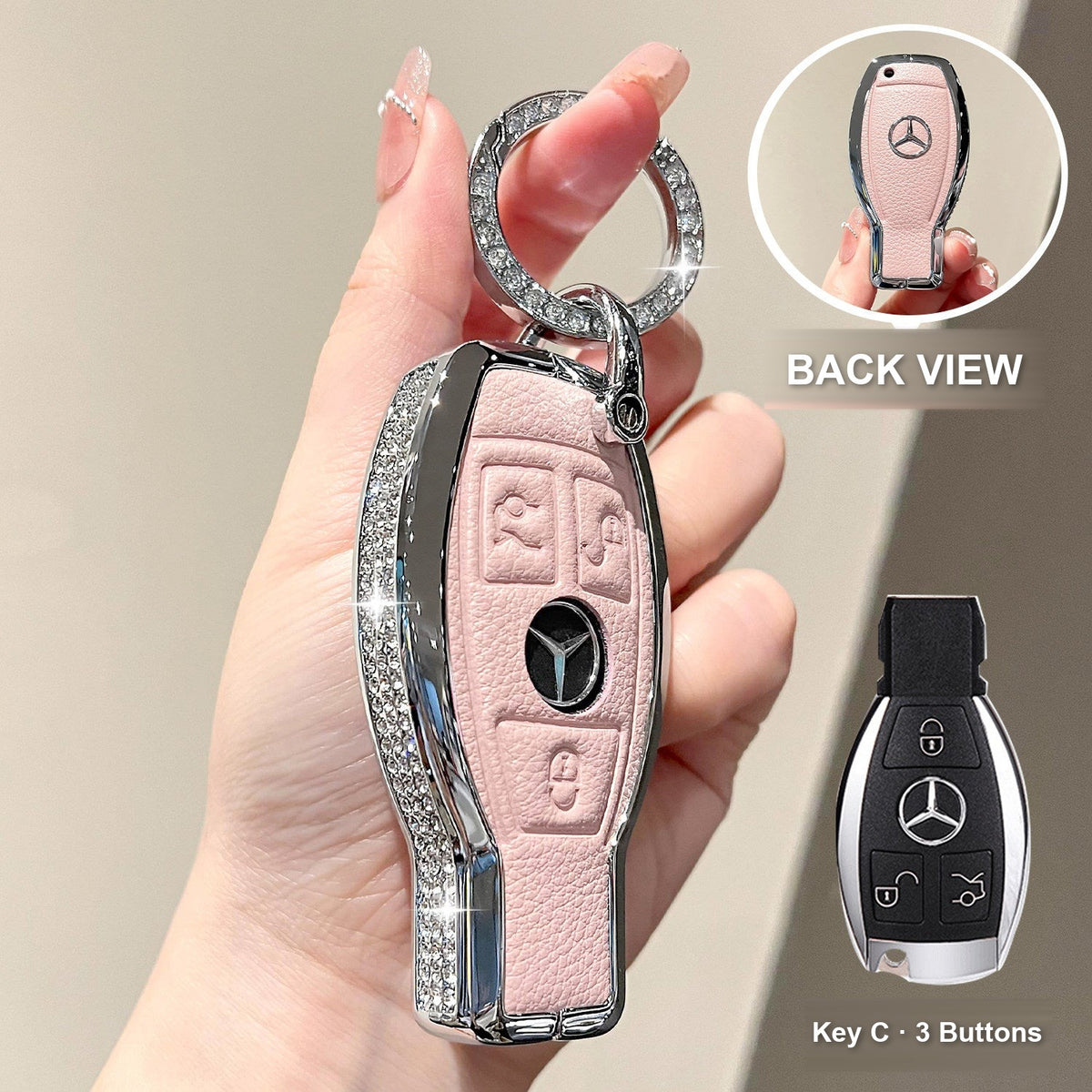Key C 3 Buttons Pink with crystal rings