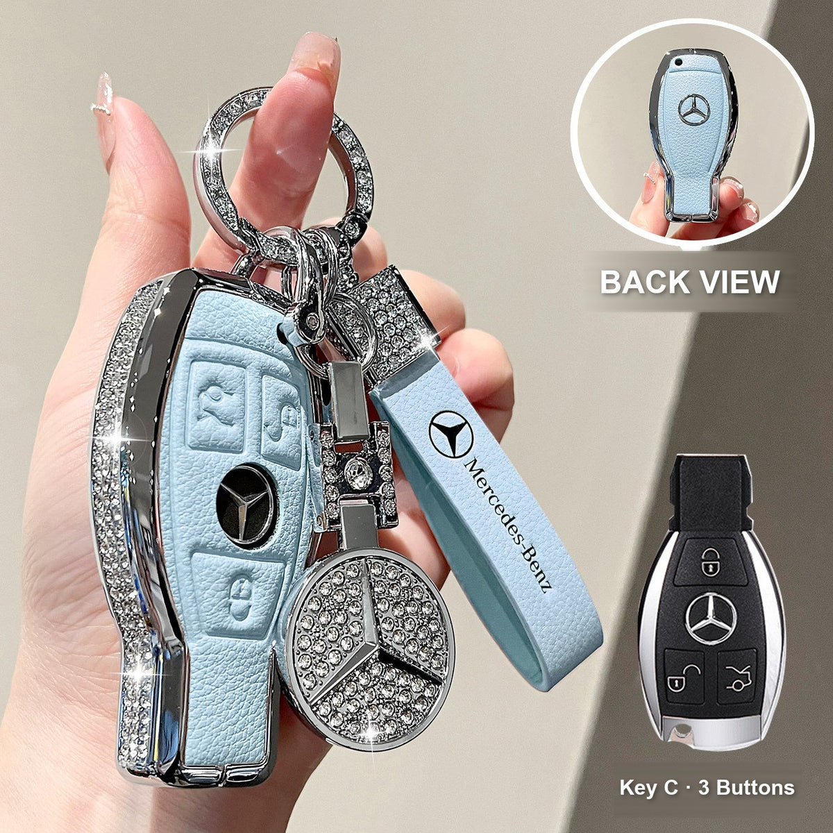 Key C 3 Buttons Blue with crystal ring bracelet and emblem charm