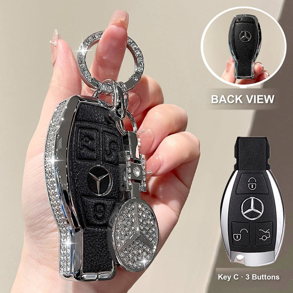 Key C 3 Buttons Premium Black with crystal emblem charm