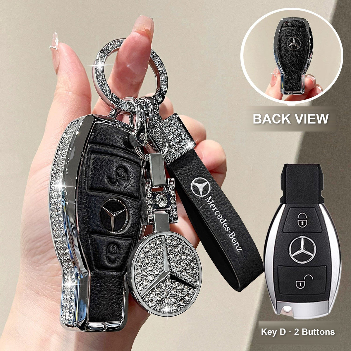 Key D 2 Buttons Premium Black with crystal ring bracelet and emblem charm