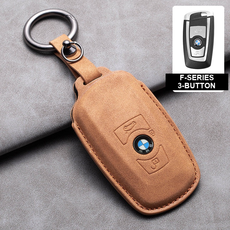 BMW brown-tan leather key case, F-Series 3-button key, ring buckle