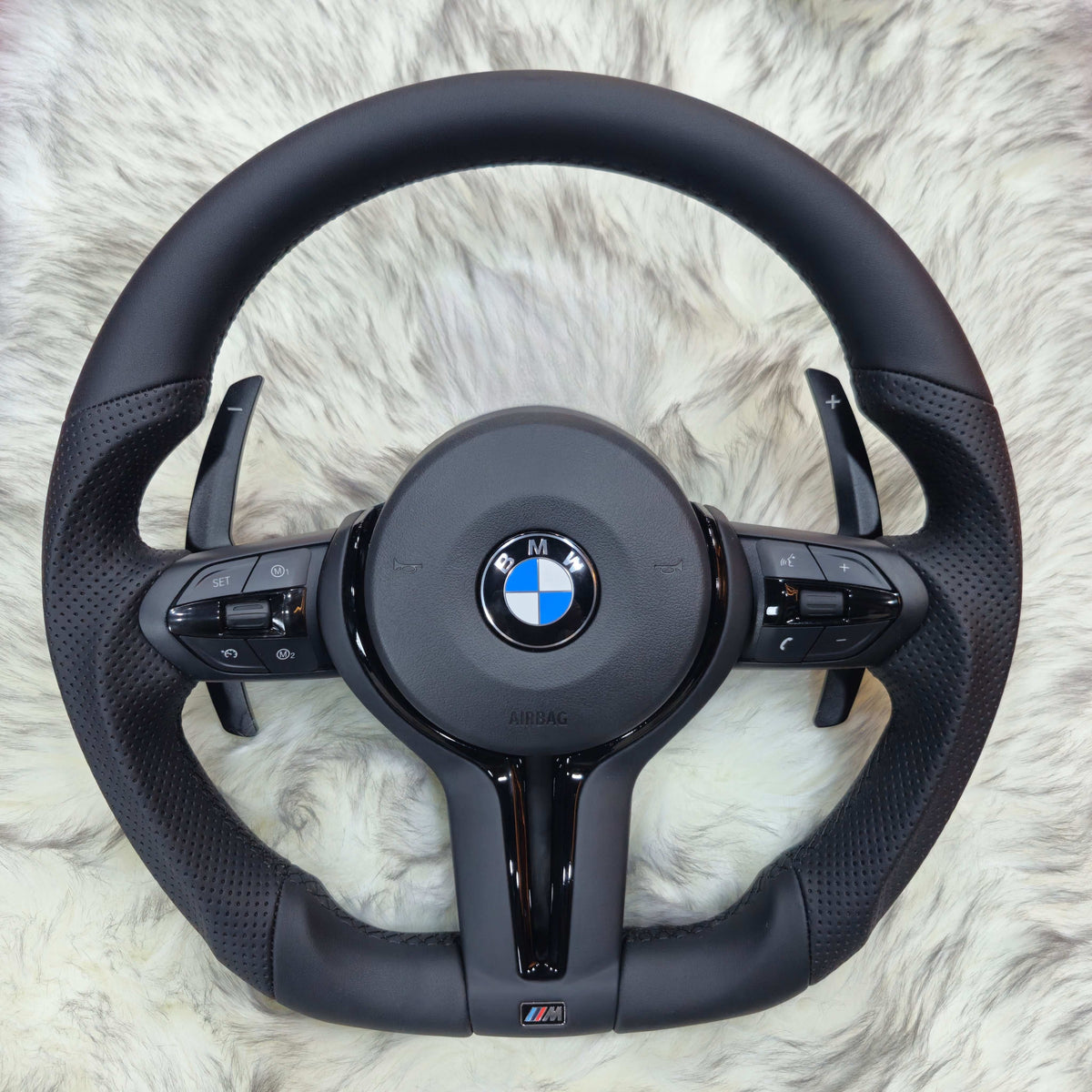 Customized Nappa leather steering wheel with black trim for BMW F Series - front view