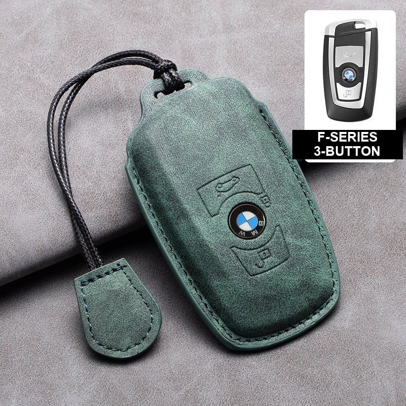 BMW olive green leather key case, F-Series 3-button key, cord buckle