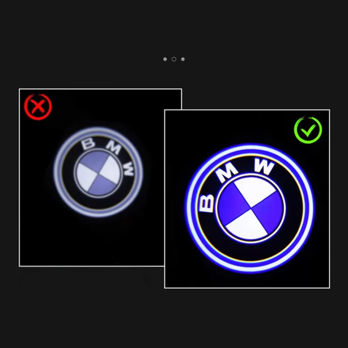 BMW welcome light projector comparison, dim versus bright BMW logo projection