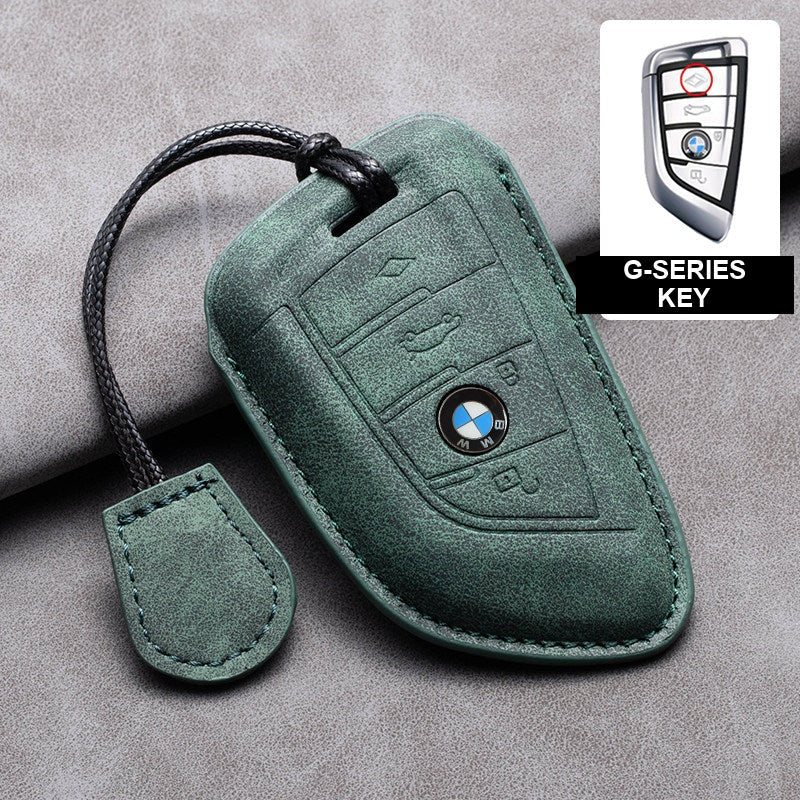 BMW olive green leather key case, G-Series key, cord buckle