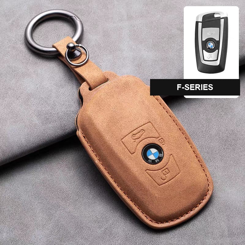 BMW leather key fob cover in brown tan, F-Series shape with keyring