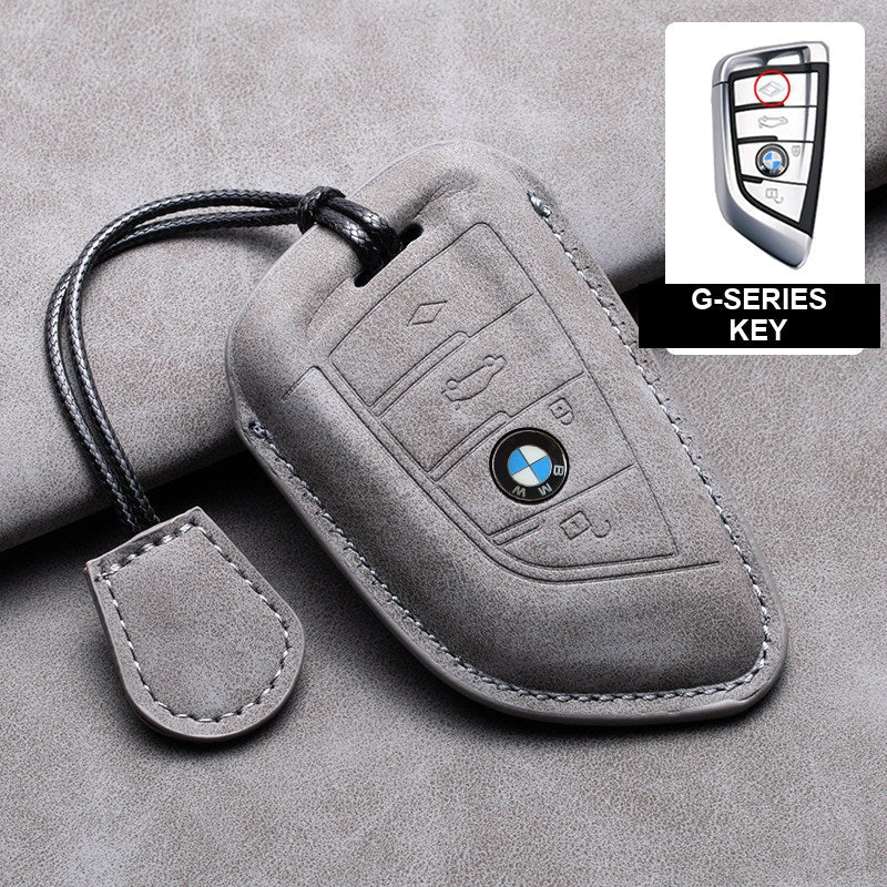 BMW gray leather key case, G-Series key, cord buckle