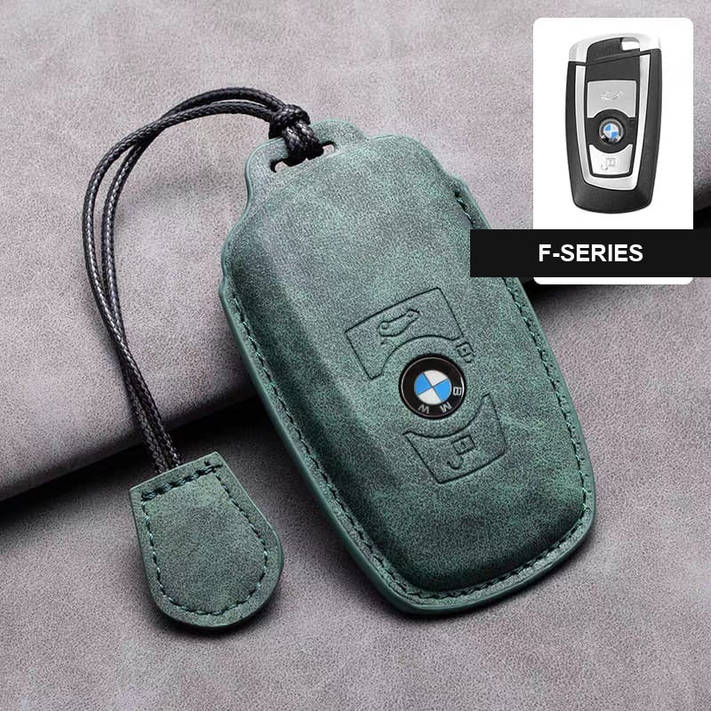 BMW leather key fob cover in dark green, F-Series shape with wrist strap
