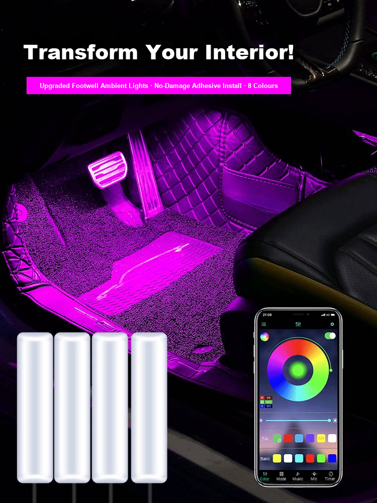 RGB footwell ambient light kit with 4 light bars and phone app control