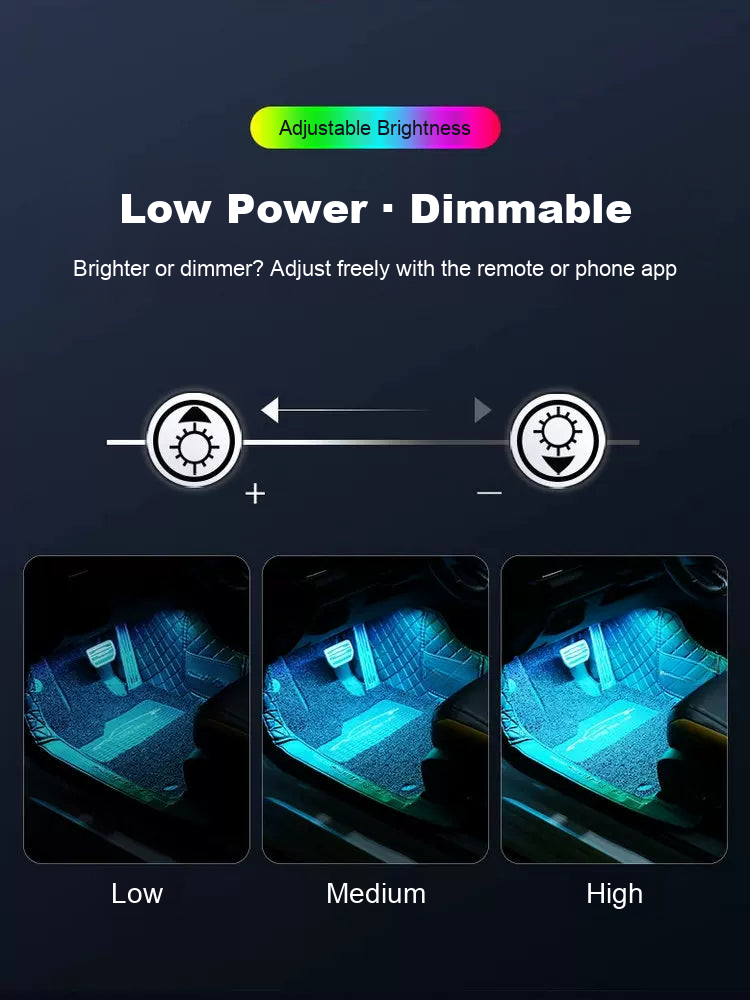 Footwell ambient lights with adjustable brightness: low, medium and high