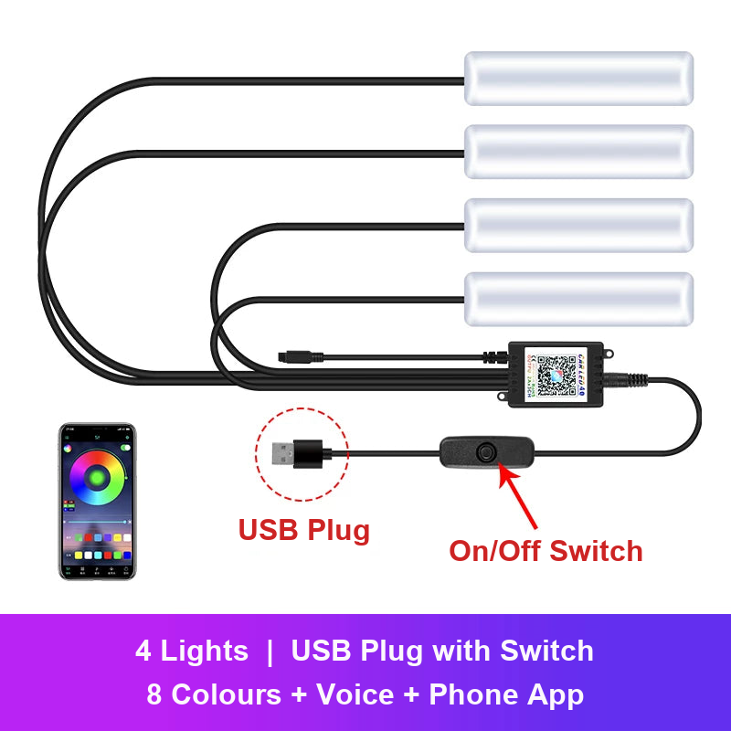 4-light kit with USB plug and on/off switch, phone app