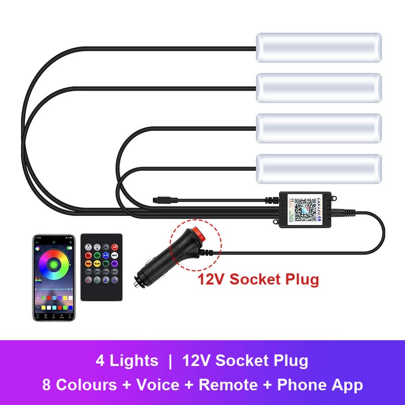 4-light kit with 12V socket plug, remote and phone app
