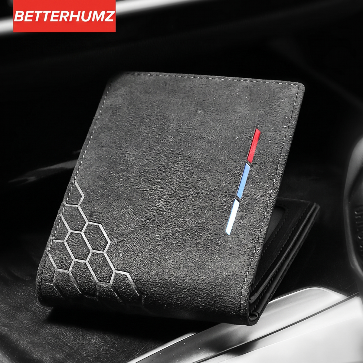 BMW Performance leather driver's license case in car interior