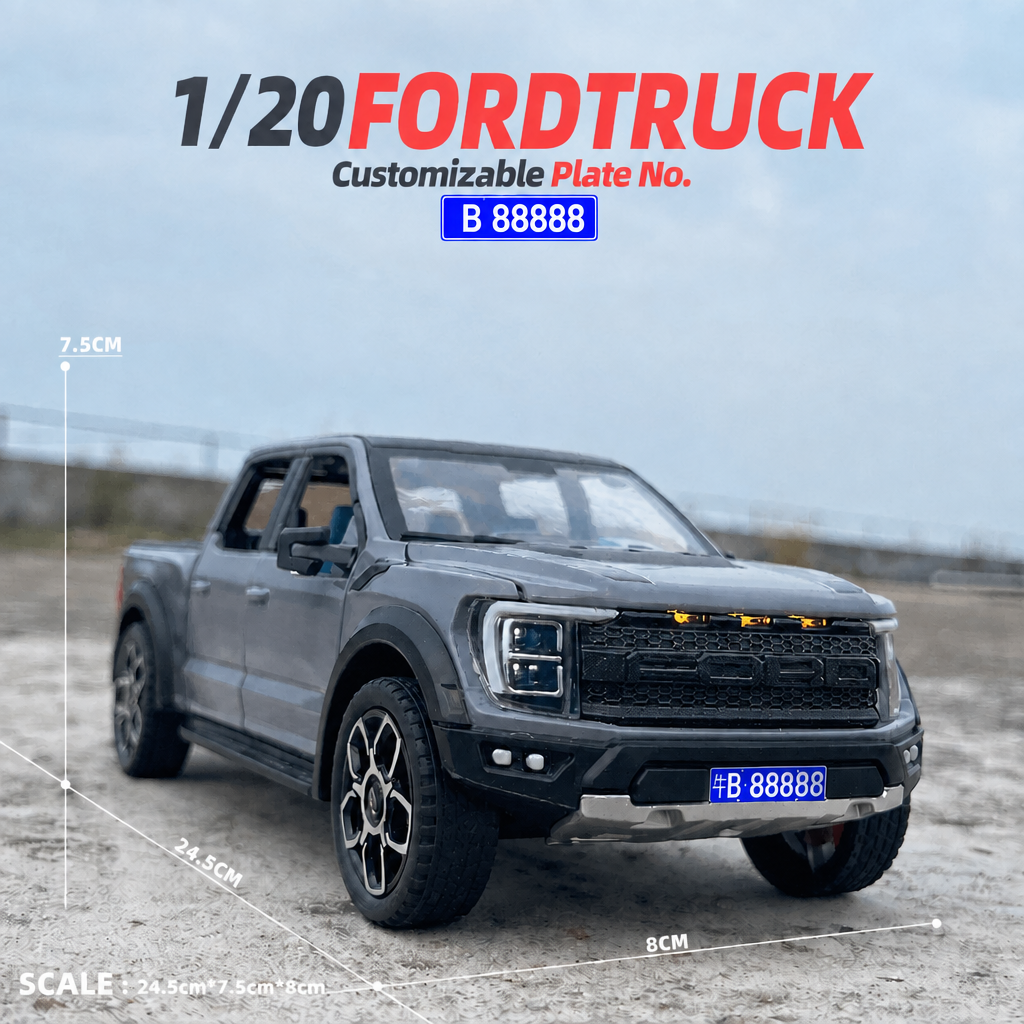1:20 Ford Raptor diecast model gray with dimensions