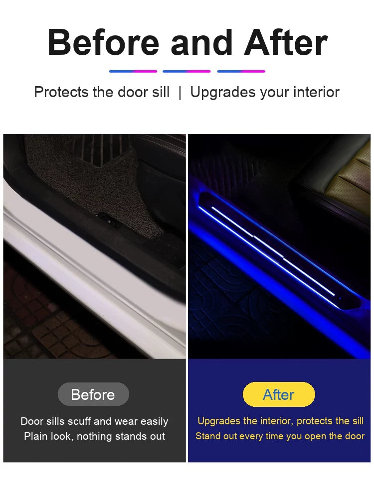 Car door sill before and after installing the LED welcome light
