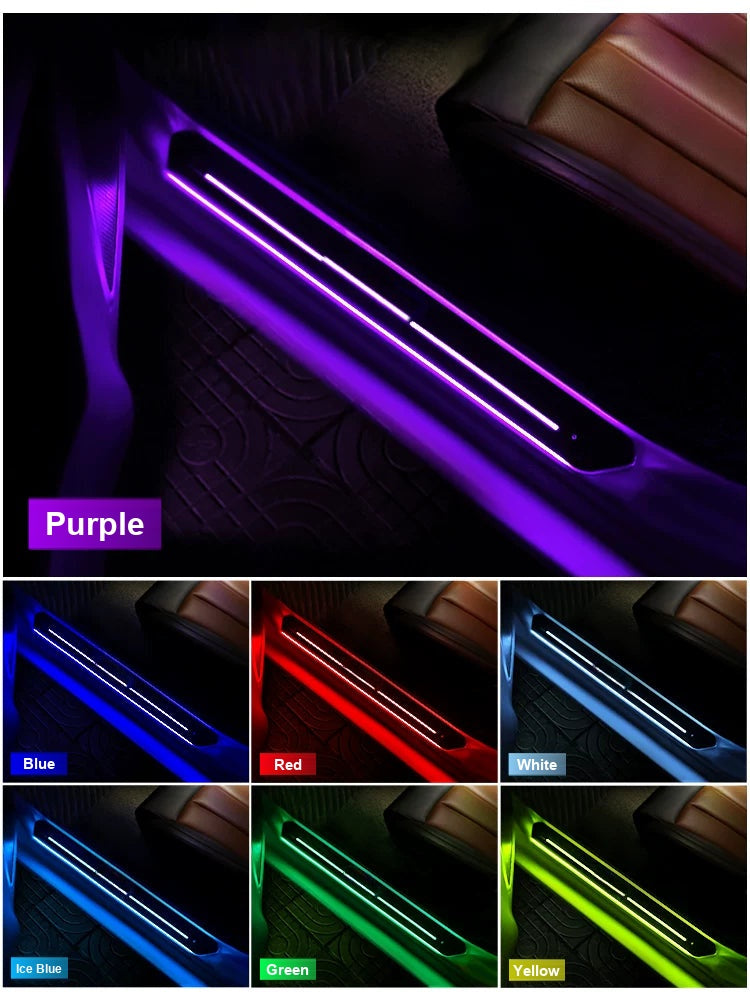 LED door sill light colour options: purple, blue, red, white, ice blue, green, yellow