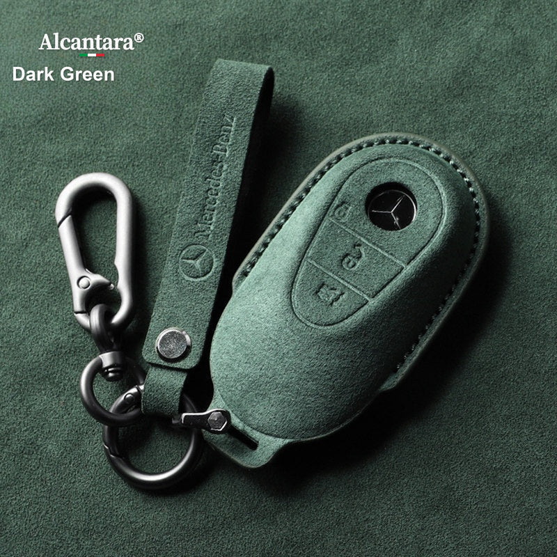 Mercedes-Benz Alcantara suede key case – C-Class / S-Class style, Dark Green, Pendant Strap