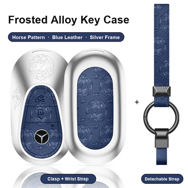 Mercedes-Benz Type C key case - Horse pattern, blue leather, silver frame
