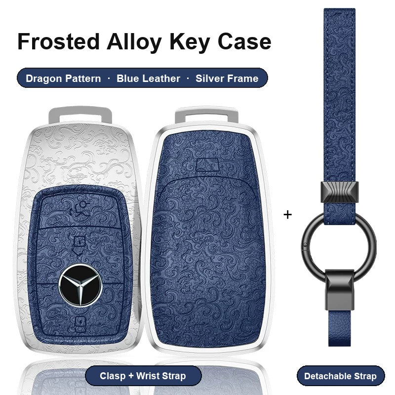 Mercedes-Benz Type A 3-button key case - Dragon pattern, blue leather, silver frame