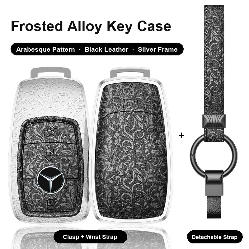 Mercedes-Benz Type A 3-button key case - Arabesque pattern, black leather, silver frame