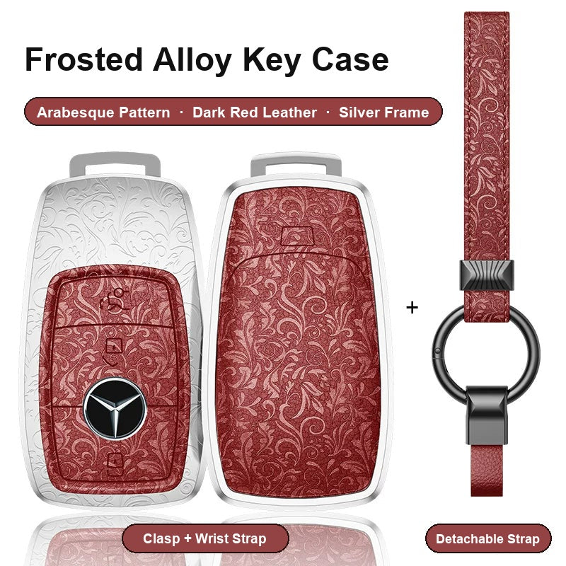 Mercedes-Benz Type A 3-button key case - Arabesque pattern, dark red leather, silver frame