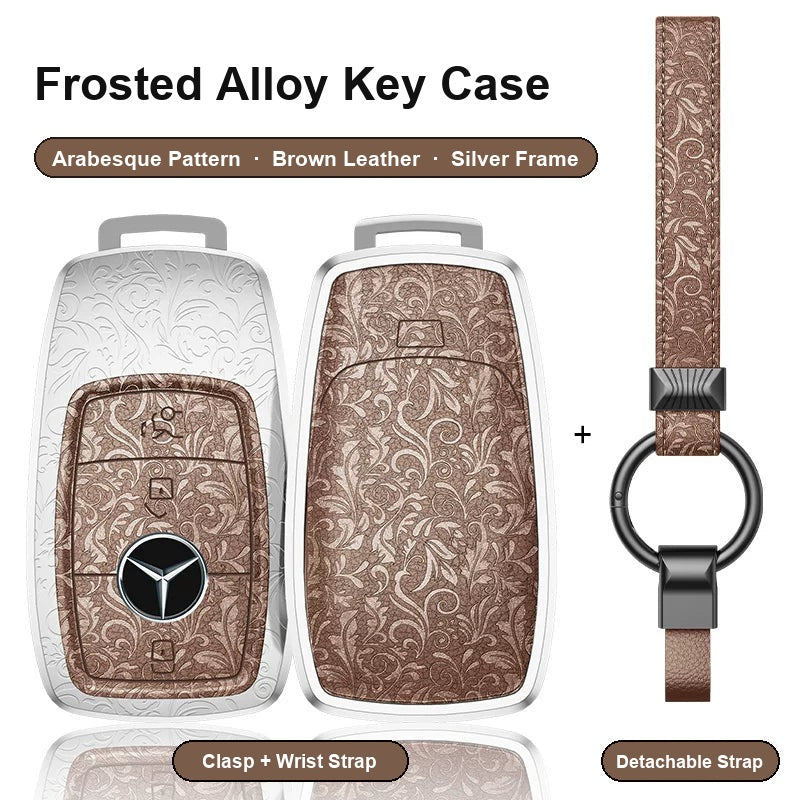 Mercedes-Benz Type A 3-button key case - Arabesque pattern, brown leather, silver frame