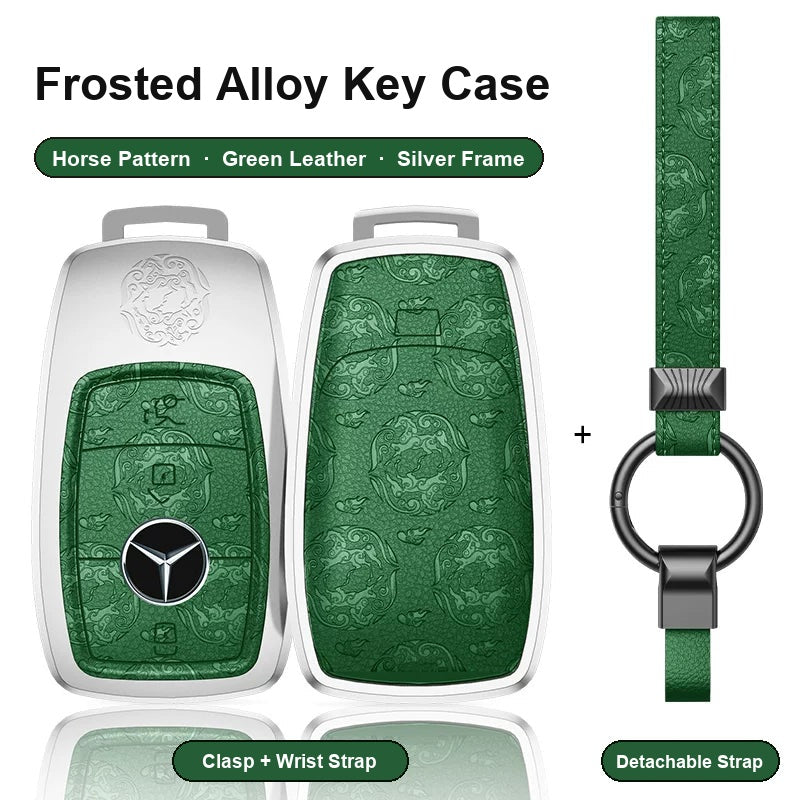 Mercedes-Benz Type A 3-button key case - Horse pattern, green leather, silver frame