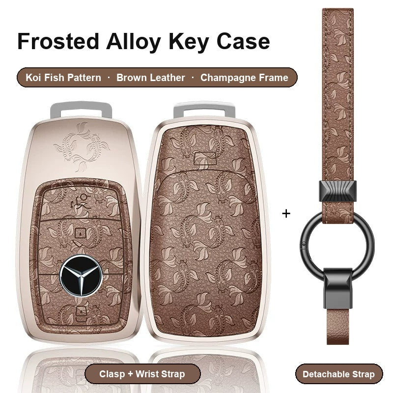 Mercedes-Benz Type A 3-button key case - Koi Fish pattern, brown leather, champagne frame