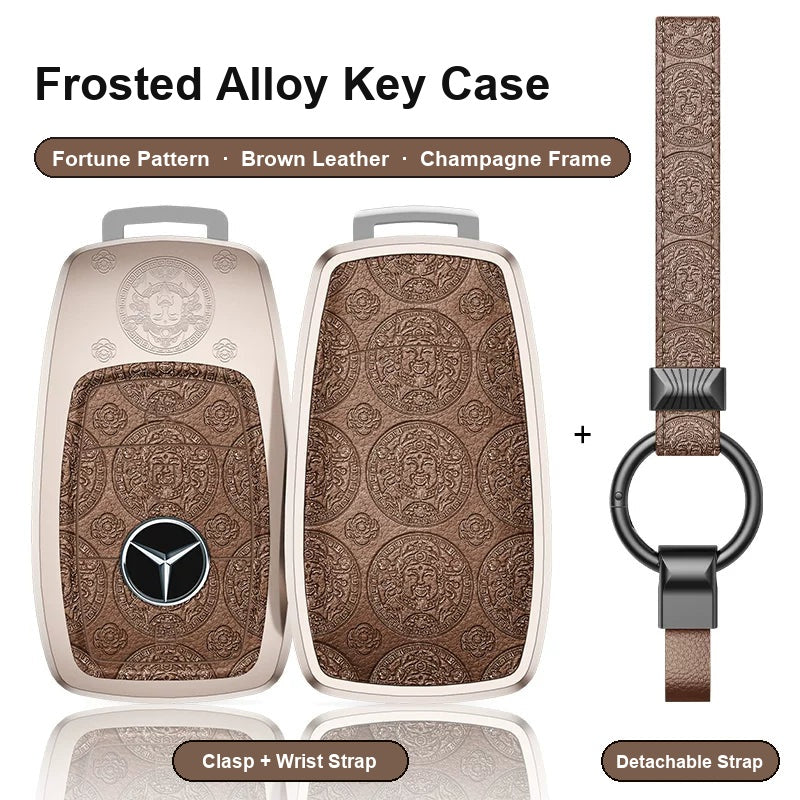 Mercedes-Benz Type A 3-button key case - Fortune pattern, brown leather, champagne frame