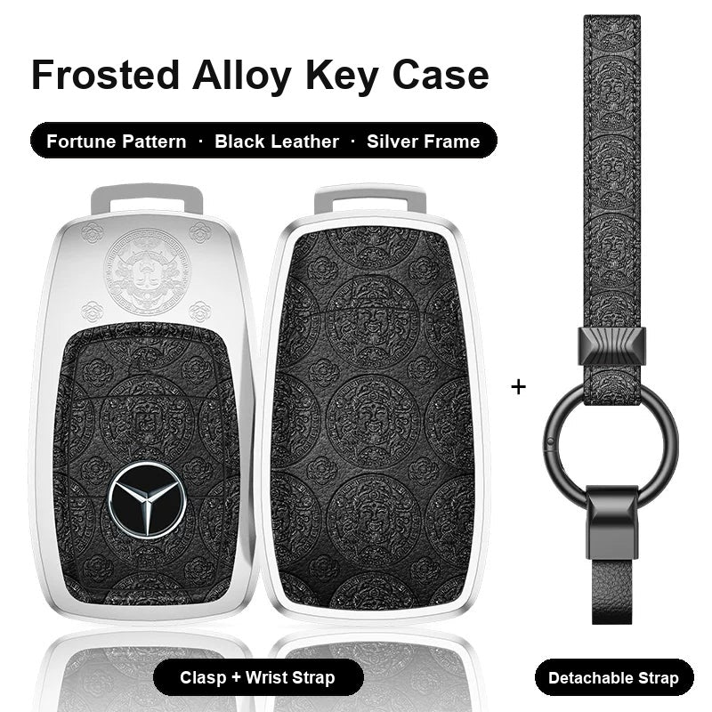 Mercedes-Benz Type A 3-button key case - Fortune pattern, black leather, silver frame