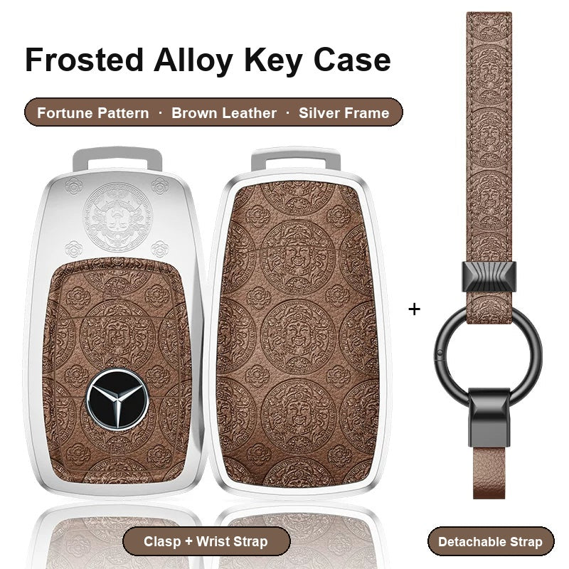 Mercedes-Benz Type A 3-button key case - Fortune pattern, brown leather, silver frame